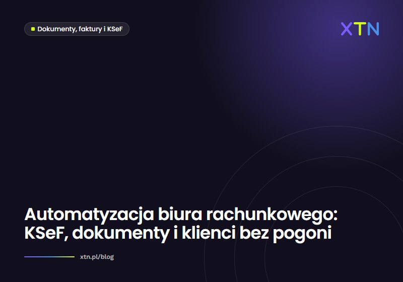 Ciemna grafika w barwach XTN z tytułem artykułu o automatyzacji biura rachunkowego i etykietą kategorii Dokumenty, faktury i KSeF