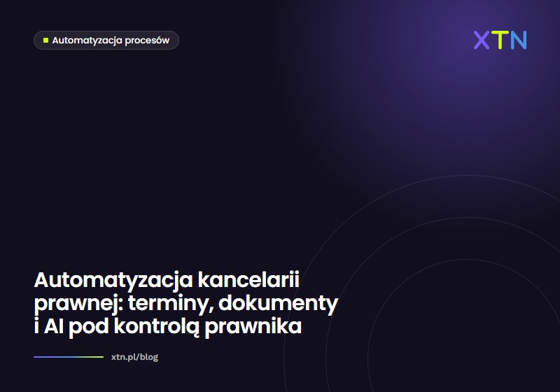 Ciemna grafika w barwach XTN z tytułem artykułu o automatyzacji kancelarii prawnej i etykietą kategorii Automatyzacja procesów