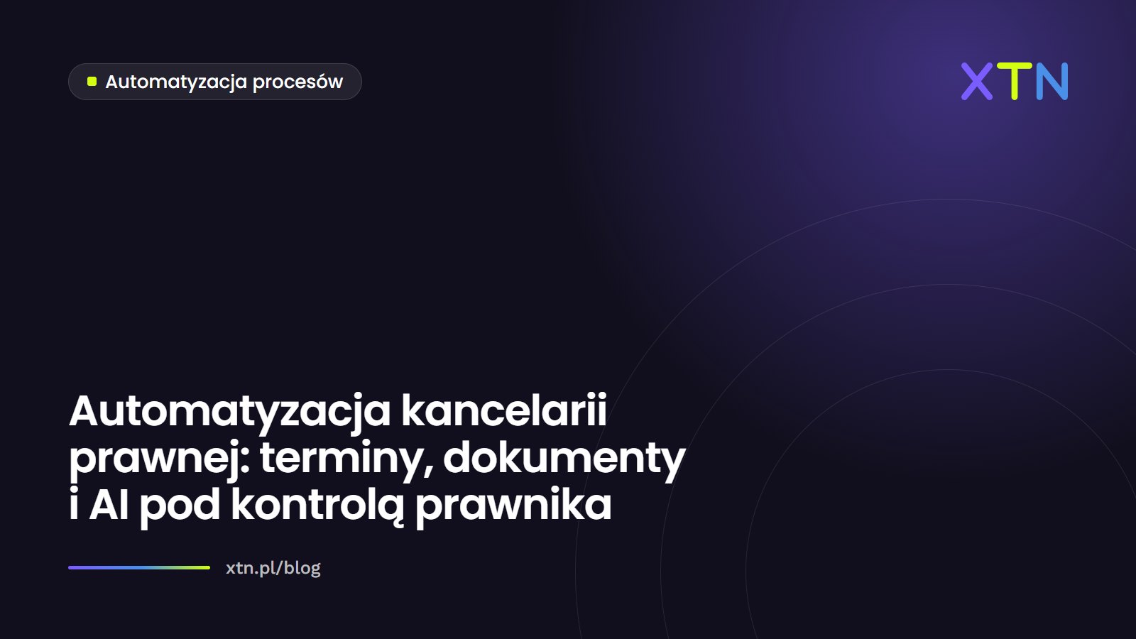 Ciemna grafika w barwach XTN z tytułem artykułu o automatyzacji kancelarii prawnej i etykietą kategorii Automatyzacja procesów
