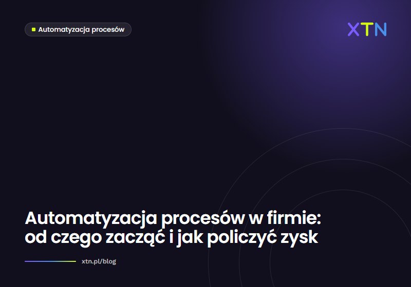 Ciemna grafika w barwach XTN z tytułem „Automatyzacja procesów w firmie: od czego zacząć i jak policzyć zysk” i etykietą kategorii Automatyzacja procesów