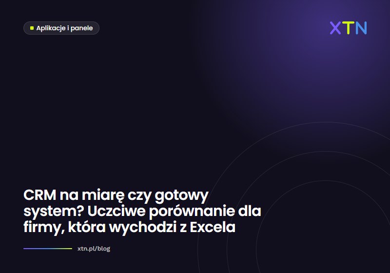 Ciemna grafika w barwach XTN z tytułem „CRM na miarę czy gotowy system?” i etykietą kategorii Aplikacje i panele