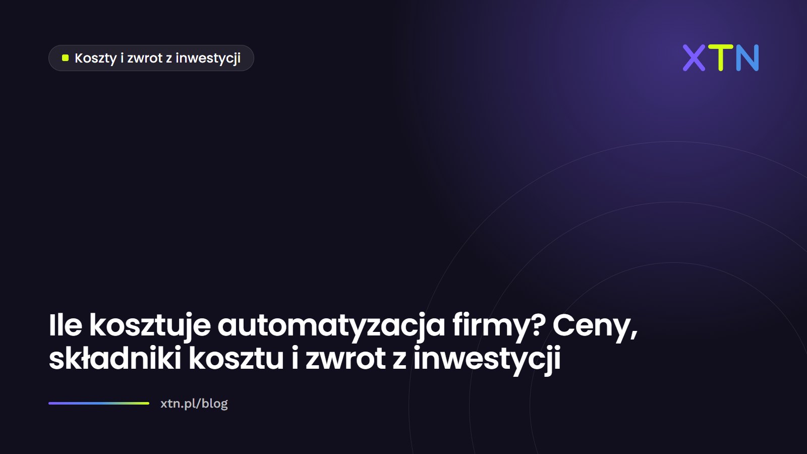 Ciemna grafika w barwach XTN z tytułem „Ile kosztuje automatyzacja firmy?” i etykietą kategorii Koszty i zwrot z inwestycji