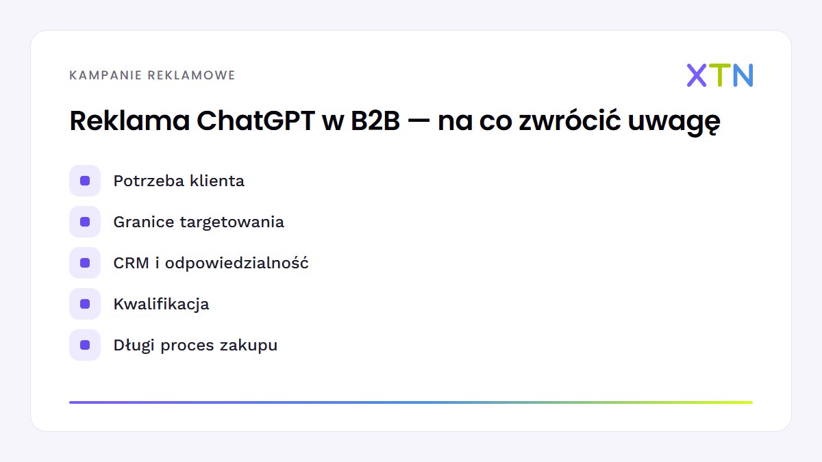 Schemat z najważniejszymi punktami artykułu „Reklama ChatGPT w B2B: jak pozyskiwać i kwalifikować zapytania”: potrzeba klienta, granice targetowania, crm i odpowiedzialność, kwalifikacja, długi proces zakupu