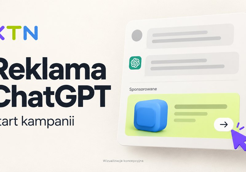 Reklama ChatGPT — rozmowa z AI i oddzielna karta sponsorowana na grafice XTN o pierwszej kampanii.