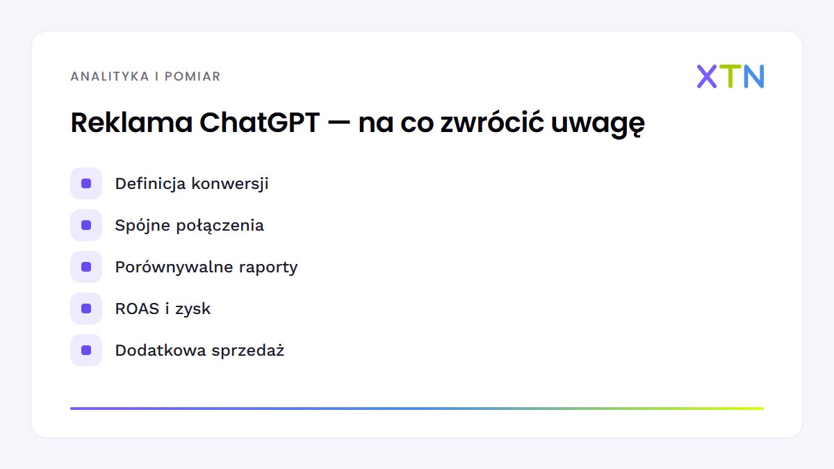 Schemat z najważniejszymi punktami artykułu „Reklama ChatGPT: jak mierzyć konwersje, koszt klienta i zwrot”: definicja konwersji, spójne połączenia, porównywalne raporty, roas i zysk, dodatkowa sprzedaż