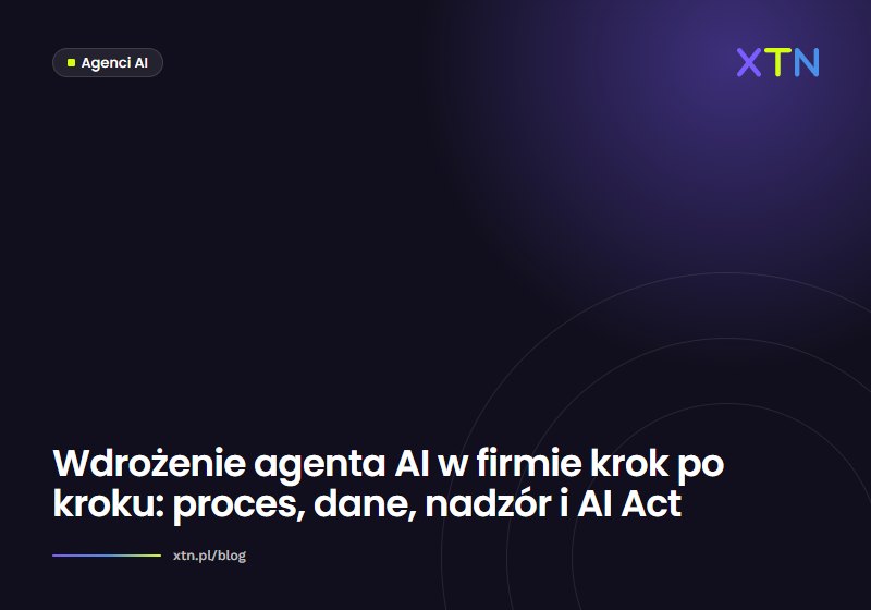 Ciemna grafika z tytułem „Wdrożenie agenta AI w firmie krok po kroku” i etykietą kategorii Agenci AI w barwach XTN